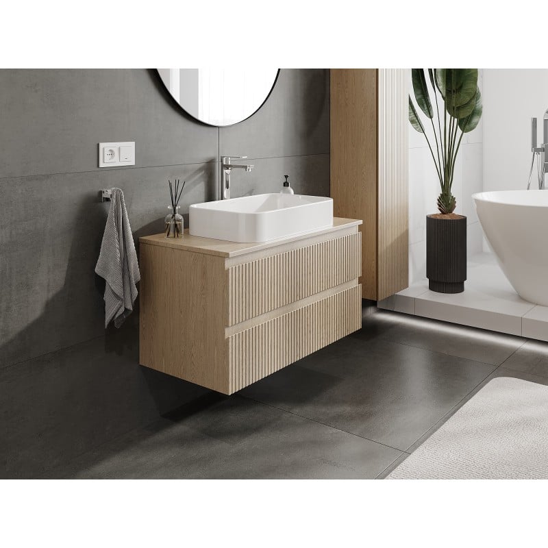Mexen Rivel Badezimmer-Unterschrank 90 cm mit Arbeitsplatte, 2 Schubladen, geriffelt, Eiche - 91A20-09047-2-BFFC81
