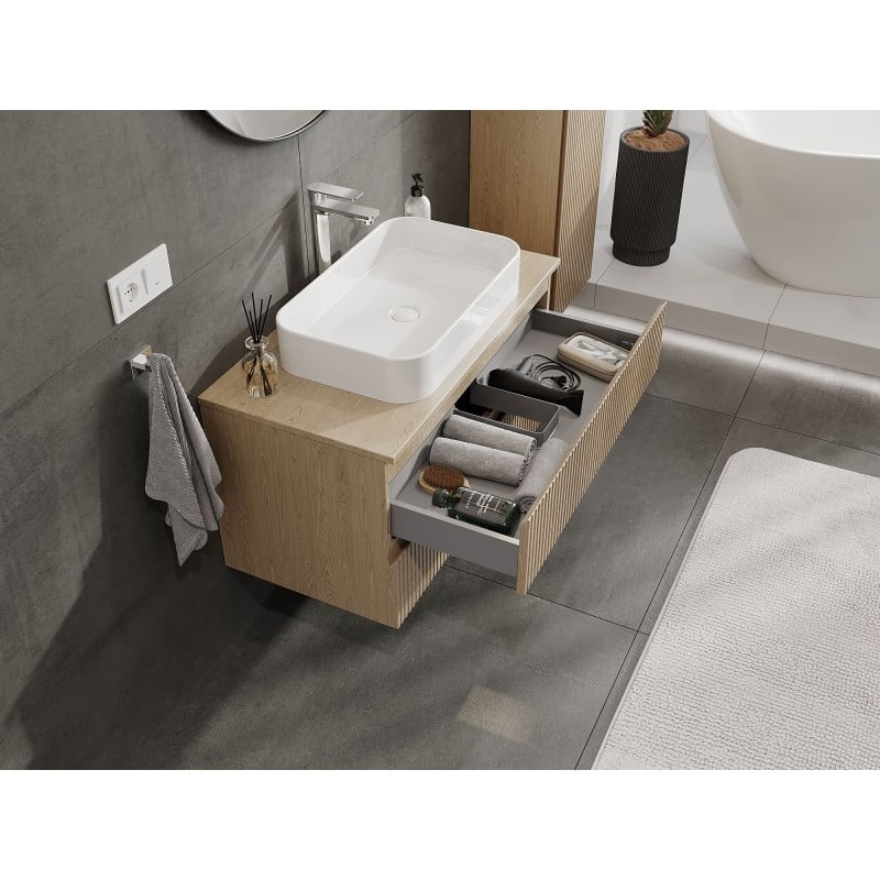 Mexen Rivel Badezimmer-Unterschrank 90 cm mit Arbeitsplatte, 2 Schubladen, geriffelt, Eiche - 91A20-09047-2-BFFC81