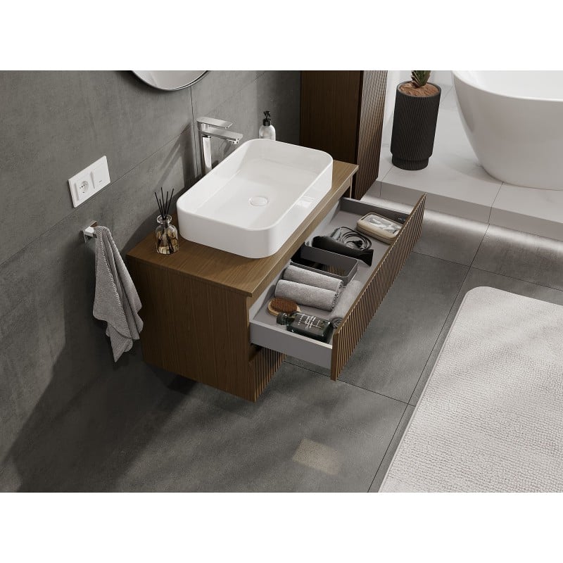 Mexen Rivel Badezimmerunterschrank 90 cm mit Arbeitsplatte, 2 Schubladen, geriffelt, Walnuss - 91A20-09047-2-BFFC86