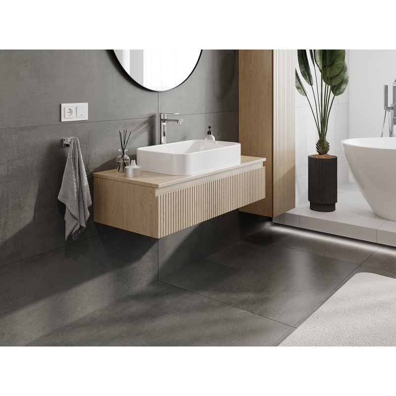 Mexen Rivel Badezimmerschrank 100 cm mit Arbeitsplatte, 1 Schublade, geriffelt, Eiche - 91A20-10023-1-BFC81