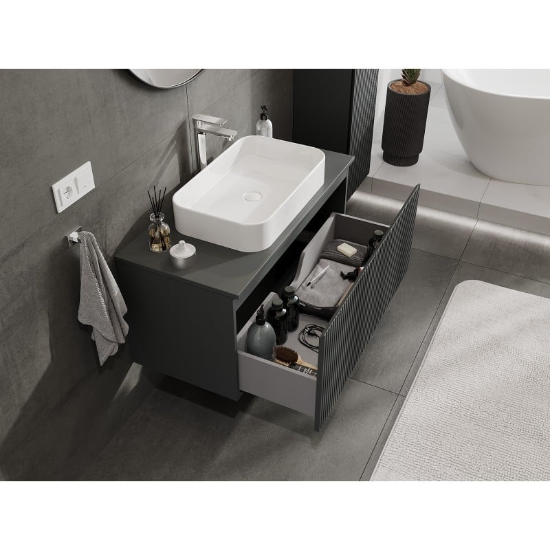 Mexen Rivel Badezimmerschrank unter Waschbecken 100 cm mit Arbeitsplatte, 1 Schublade, geriffelt, Grafit Matt
