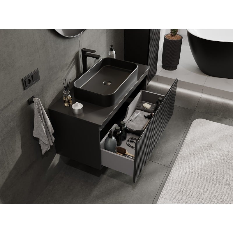 Mexen Rivel Badezimmerschrank unter Waschbecken 100 cm mit Arbeitsplatte, 1 Schublade, geriffelt, schwarz matt