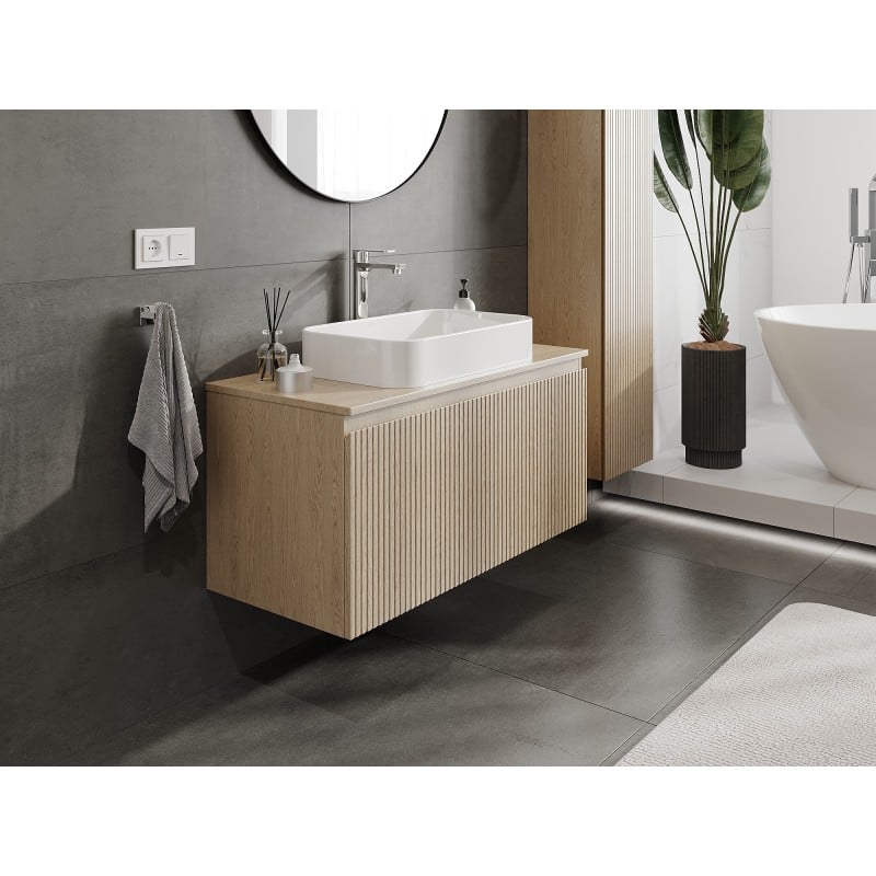 Mexen Rivel Badezimmerschrank unter dem Waschbecken 100 cm mit Arbeitsplatte, 1 Schublade, gerillt, Eiche - 91A20-10047-1-BFC81