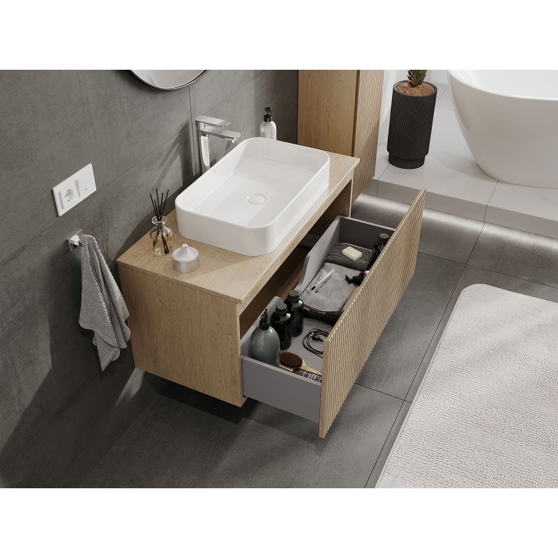 Mexen Rivel Badezimmerschrank unter Waschbecken 100 cm mit Ablage, 1 Schublade, geriffelt, Eiche - 91A20-10047-1-BFC81