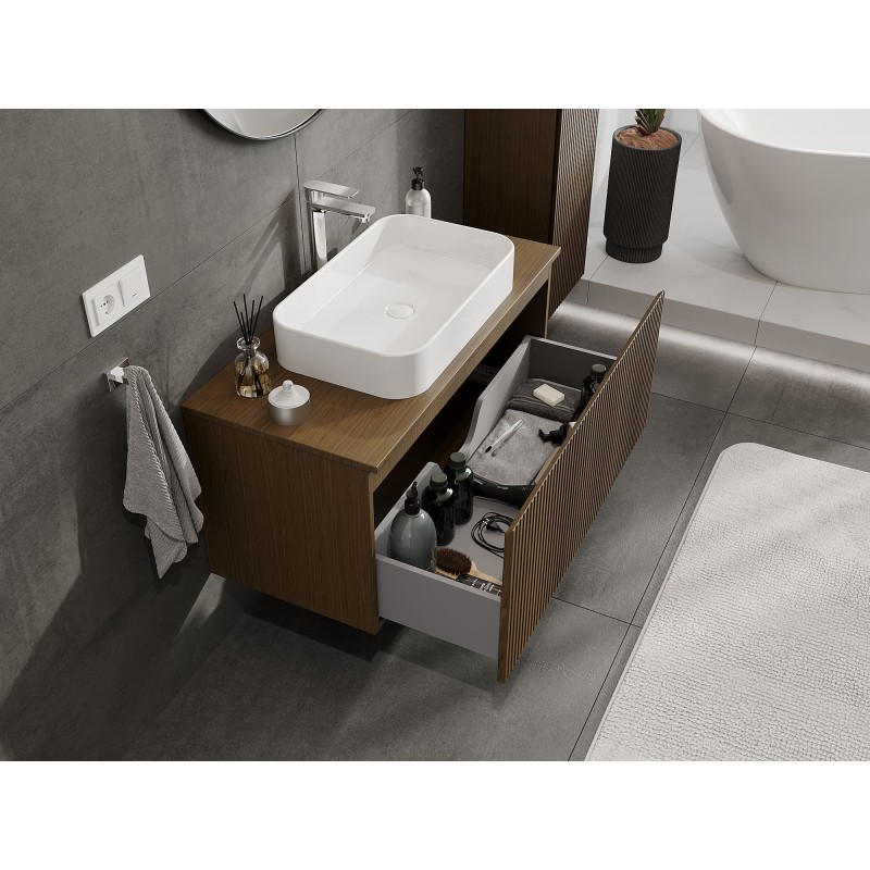 Mexen Rivel Badezimmerschrank 100 cm mit Arbeitsplatte, 1 Schublade, gerillt, Nussbaum - 91A20-10047-1-BFC86