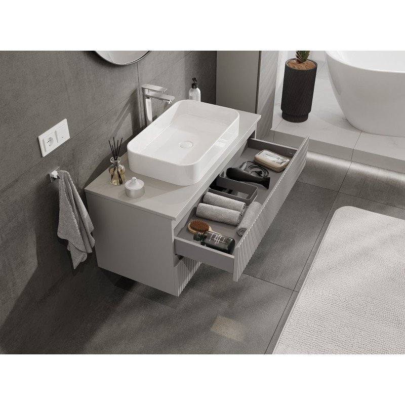 Mexen Rivel Badezimmerschrank unter dem Waschbecken 100 cm mit Arbeitsplatte, 2 Schubladen, geriffelt, grau matt