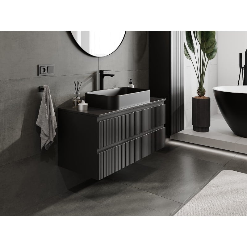 Mexen Rivel Badezimmerschrank 100 cm mit Ablage, 2 Schubladen, geriffelt, schwarz matt - 91A20-10047-2-BFFC71