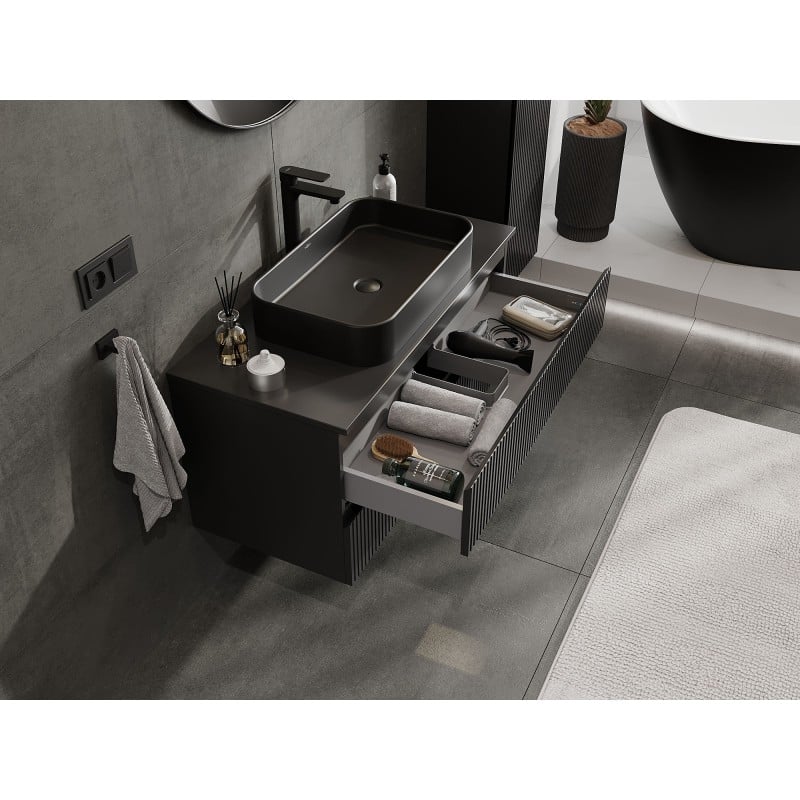 Mexen Rivel Badezimmerschrank 100 cm mit Ablage, 2 Schubladen, geriffelt, schwarz matt - 91A20-10047-2-BFFC71