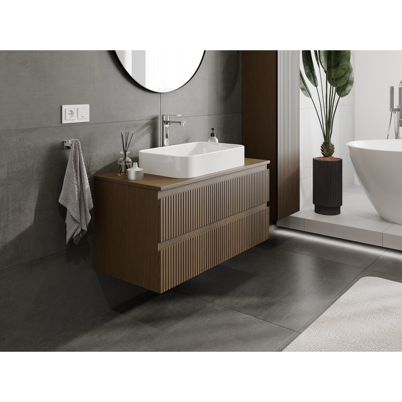Mexen Rivel Badezimmerschrank 100 cm mit Arbeitsplatte, 2 Schubladen, gerillt, Nussbaum - 91A20-10047-2-BFFC86