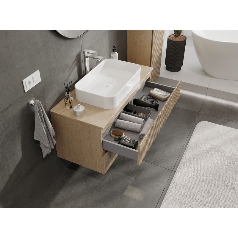 Mexen Rivel Badezimmerschrank unter Waschbecken 100 cm mit Arbeitsplatte, 2 Schubladen, gerillt, Eiche - 91A20-10047-2-BFFC81