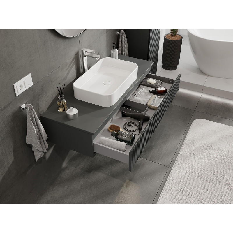 Mexen Rivel Badezimmerschrank 120 cm für Waschbecken mit Arbeitsplatte, 1 Schublade, geriffelt, Graphit matt