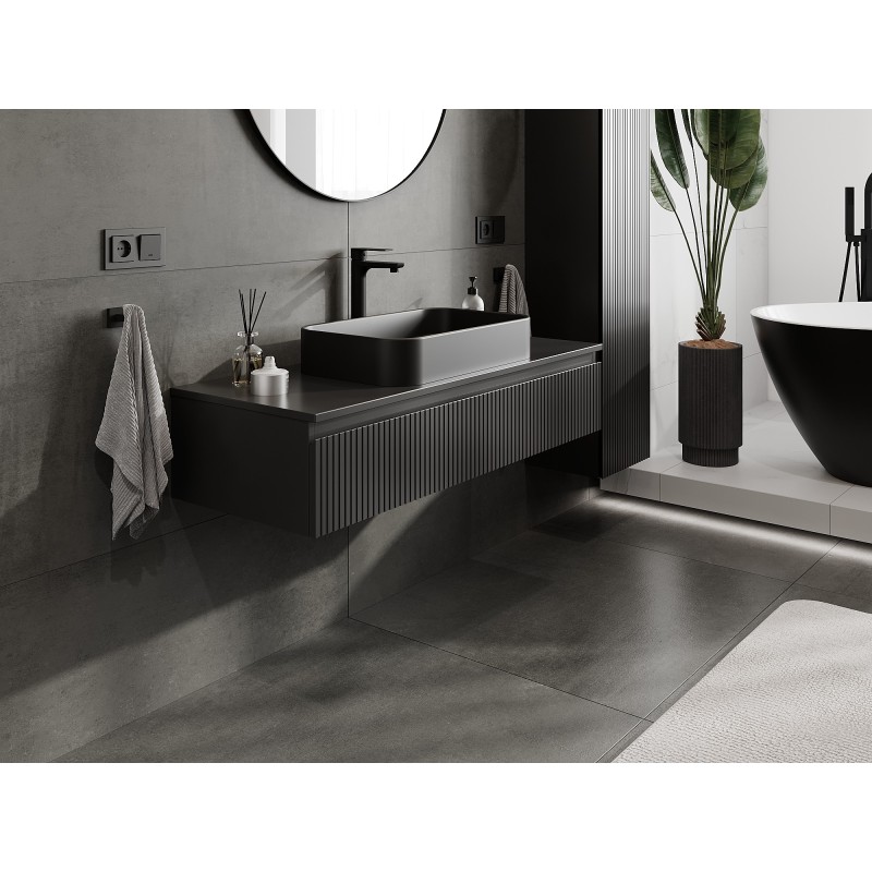 Mexen Rivel Badezimmerschrank unter Waschbecken 120 cm mit Arbeitsplatte, 1 Schublade, gerippt, schwarz matt