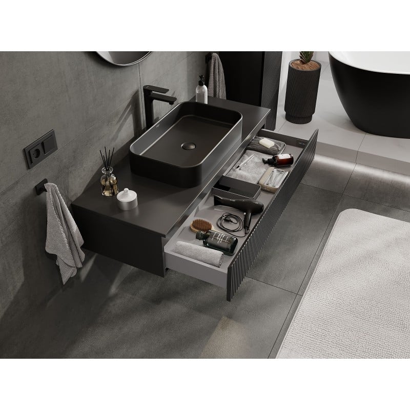 Mexen Rivel Badezimmerschrank unter Waschbecken 120 cm mit Arbeitsplatte, 1 Schublade, gerippt, schwarz matt