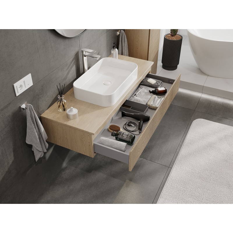 Mexen Rivel Badezimmerschrank für Waschtisch 120 cm mit Platte, 1 Schublade, geriffelt, Eiche - 91A20-12023-1-BFC81