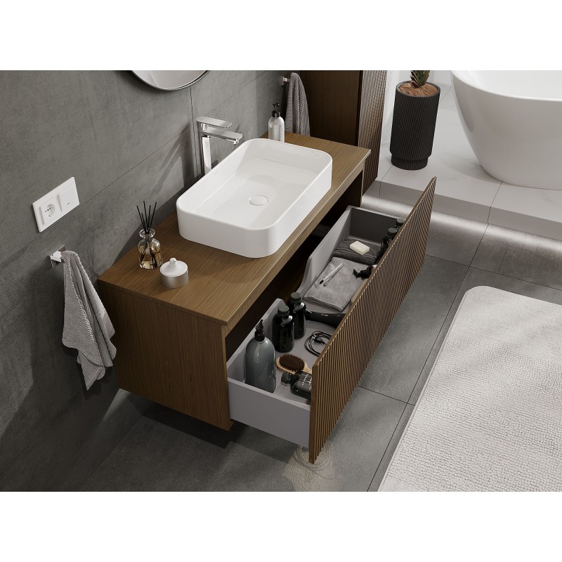 Mexen Rivel Badezimmerschrank 120 cm mit Arbeitsplatte, 1 Schublade, gerillt, Nussbaum - 91A20-12047-1-BFC86