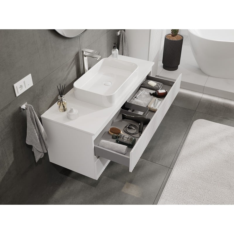 Mexen Rivel Badezimmerschrank unter dem Waschbecken 120 cm mit Arbeitsplatte, 2 Schubladen, geriffelt, mattweiß
