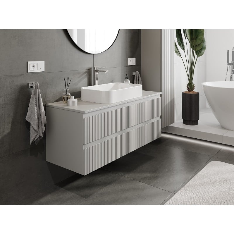 Mexen Rivel Badezimmerunterschrank 120 cm mit Platte, 2 Schubladen, gerillt, grau matt - 91A20-12047-2-BFFC62