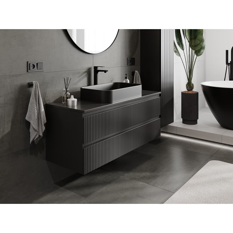 Mexen Rivel Badezimmerschrank unter dem Waschbecken 120 cm mit Arbeitsplatte, 2 Schubladen, geriffelt, schwarz matt