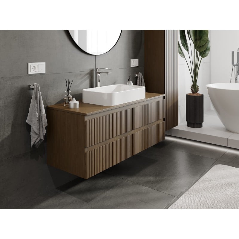 Mexen Rivel Badezimmerunterschrank 120 cm mit Platte, 2 Schubladen, geriffelt, Nussbaum - 91A20-12047-2-BFFC86