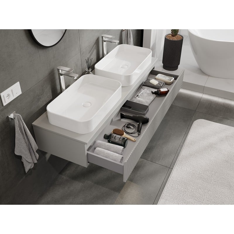 Mexen Rivel Badezimmerunterschrank 140 cm mit Arbeitsplatte, 1 Schublade, gerillt, grau matt - 91A20-14023-1-BFC62