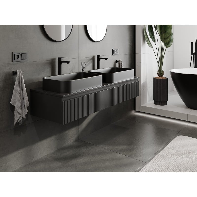 Mexen Rivel Badezimmerunterschrank 140 cm mit Platte, 1 Schublade, geriffelt, schwarz matt - 91A20-14023-1-BFC71