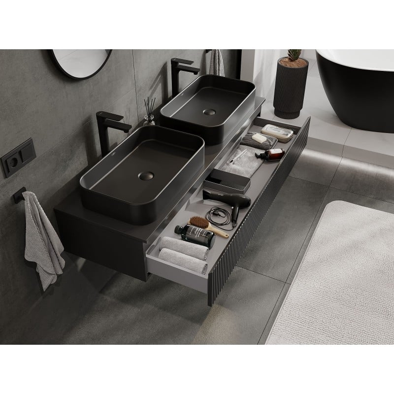 Mexen Rivel Badezimmerunterschrank 140 cm mit Platte, 1 Schublade, geriffelt, schwarz matt - 91A20-14023-1-BFC71
