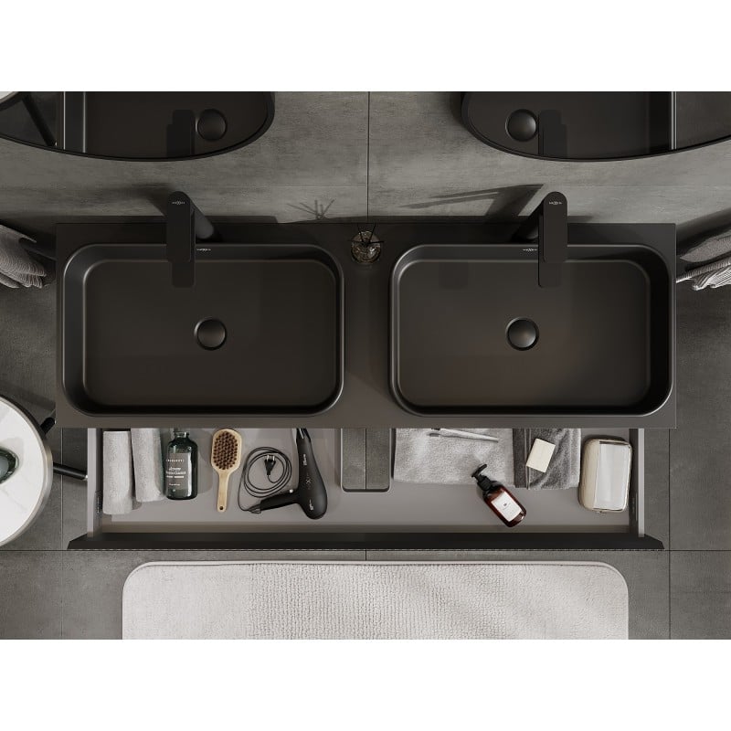 Mexen Rivel Badezimmerunterschrank 140 cm mit Platte, 1 Schublade, geriffelt, schwarz matt - 91A20-14023-1-BFC71