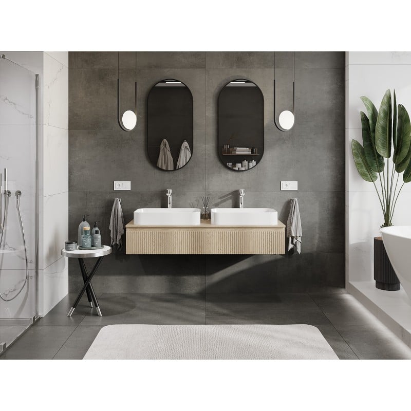Mexen Rivel Badezimmerschrank für Waschtisch 140 cm mit Arbeitsplatte, 1 Schublade, geriffelt, Eiche - 91A20-14023-1-BFC81