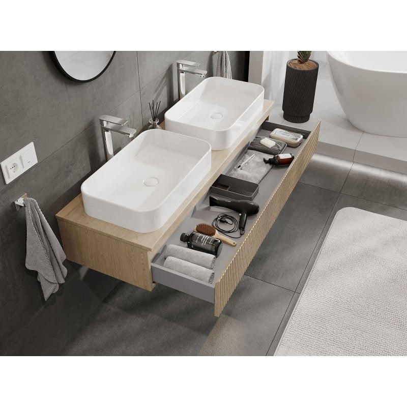 Mexen Rivel Badezimmerschrank für Waschtisch 140 cm mit Arbeitsplatte, 1 Schublade, geriffelt, Eiche - 91A20-14023-1-BFC81