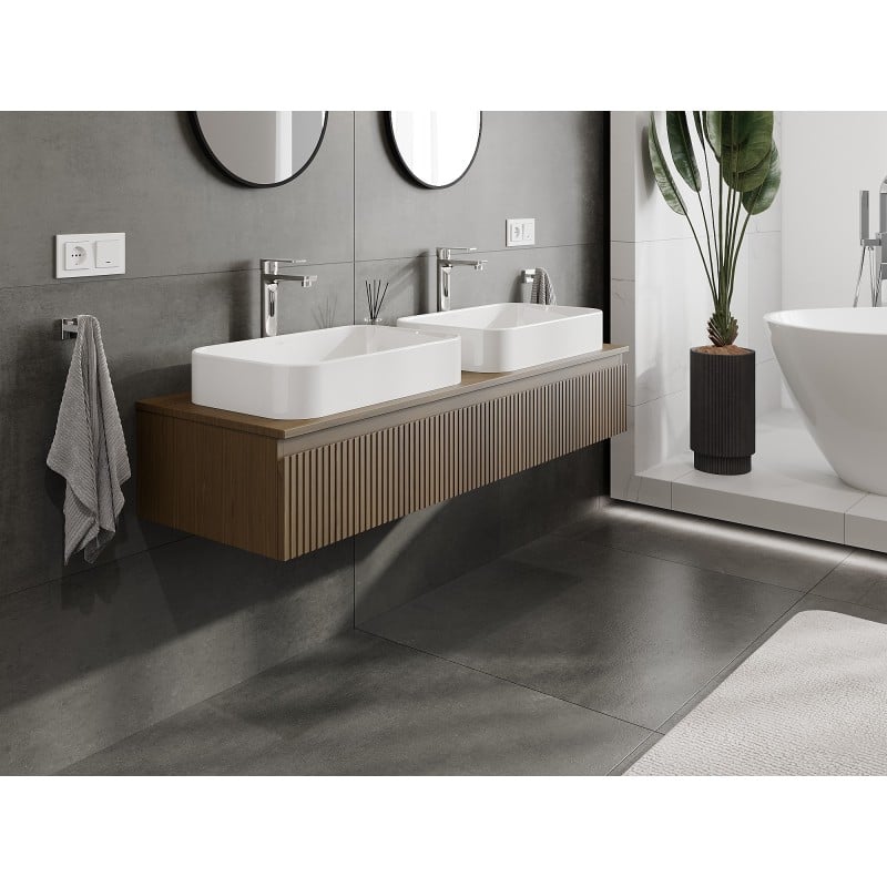 Mexen Rivel Badezimmer-Unterschrank 140 cm mit Arbeitsplatte, 1 Schublade, gerillt, Walnuss - 91A20-14023-1-BFC86