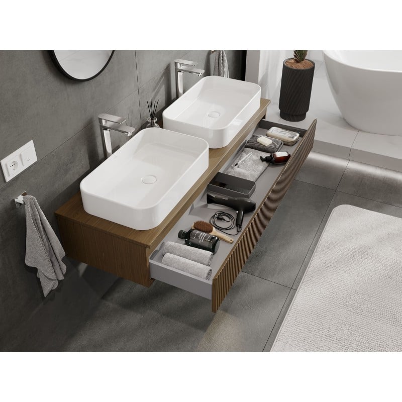 Mexen Rivel Badezimmer-Unterschrank 140 cm mit Arbeitsplatte, 1 Schublade, gerillt, Walnuss - 91A20-14023-1-BFC86