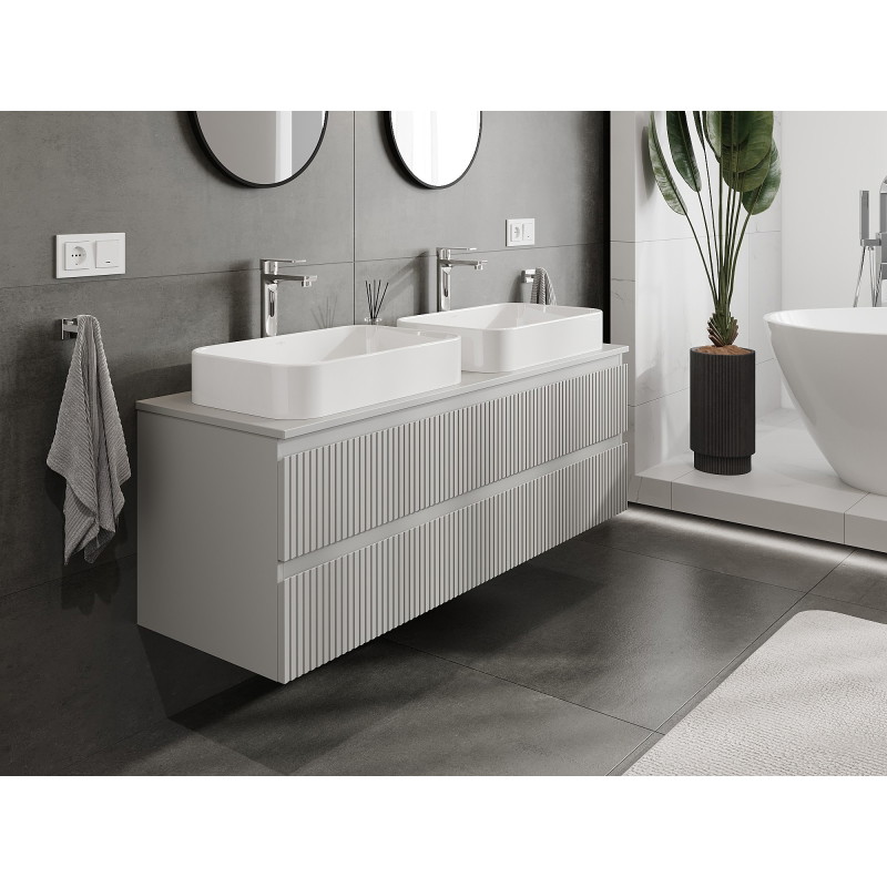 Mexen Rivel Badezimmerschrank unter dem Waschbecken 140 cm mit Arbeitsplatte, 2 Schubladen, geriffelt, grau matt