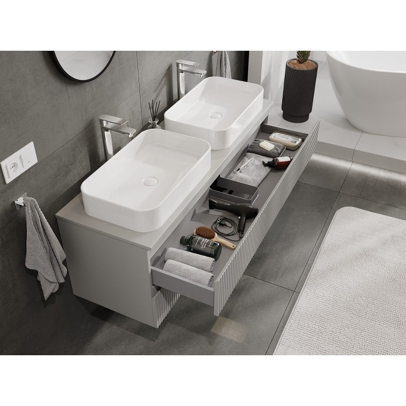 Mexen Rivel Badezimmer-Unterschrank 140 cm mit Arbeitsplatte, 2 Schubladen, geriffelt, grau matt - 91A20-14047-2-BFFC62