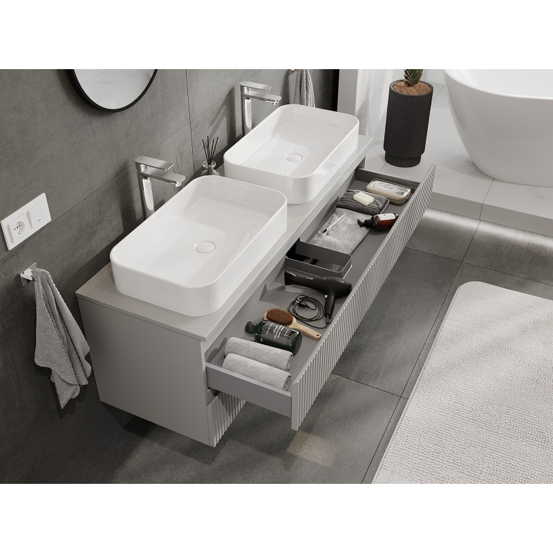 Mexen Rivel Badezimmerschrank unter dem Waschbecken 140 cm mit Arbeitsplatte, 2 Schubladen, geriffelt, grau matt
