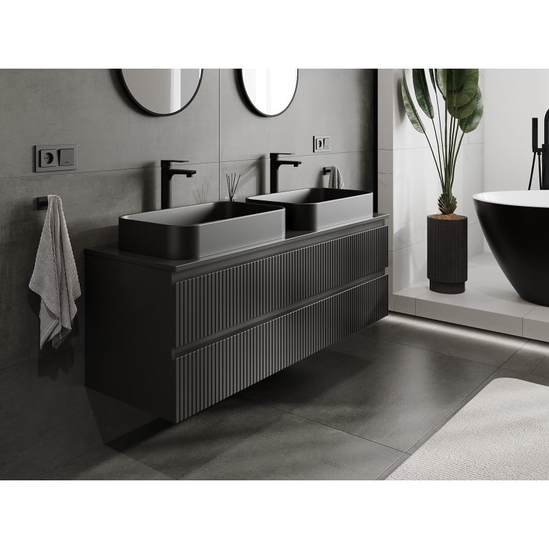 Mexen Rivel Badezimmerschrank 140 cm mit Arbeitsplatte, 2 Schubladen, geriffelt, schwarz matt - 91A20-14047-2-BFFC71