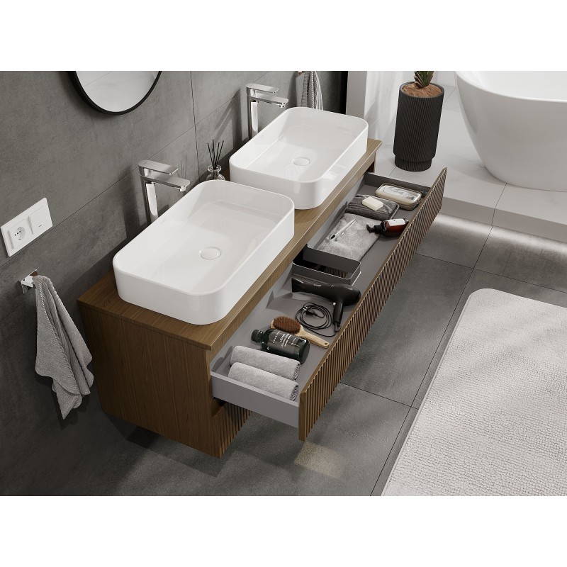Mexen Rivel Badezimmerschrank 140 cm mit Platte, 2 Schubladen, geriffelt, Nussbaum - 91A20-14047-2-BFFC86