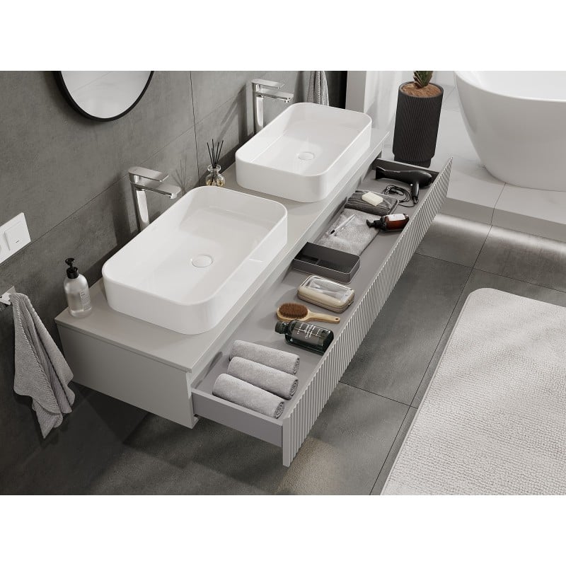 Mexen Rivel Badezimmerunterschrank 160 cm mit Platte, 1 Schublade, gerillt, grau matt - 91A20-16023-1-BFC62