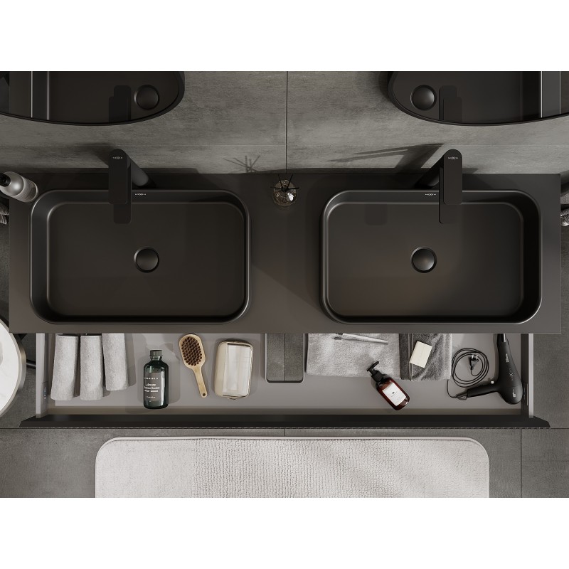 Mexen Rivel Badezimmerschrank unter dem Waschbecken 160 cm mit Arbeitsplatte, 1 Schublade, geriffelt, schwarz matt