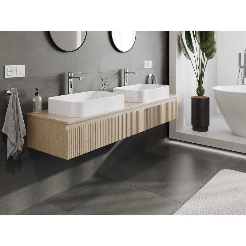 Mexen Rivel Badezimmer-Unterschrank 160 cm mit Arbeitsplatte, 1 Schublade, gerillt, Eiche - 91A20-16023-1-BFC81