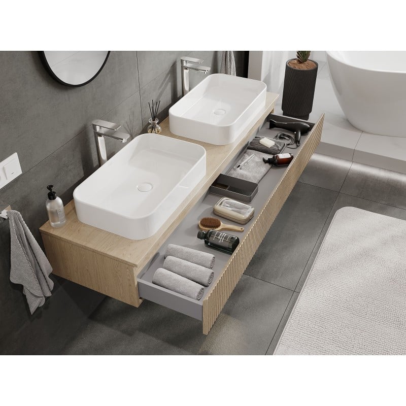 Mexen Rivel Badezimmer-Unterschrank 160 cm mit Arbeitsplatte, 1 Schublade, gerillt, Eiche - 91A20-16023-1-BFC81
