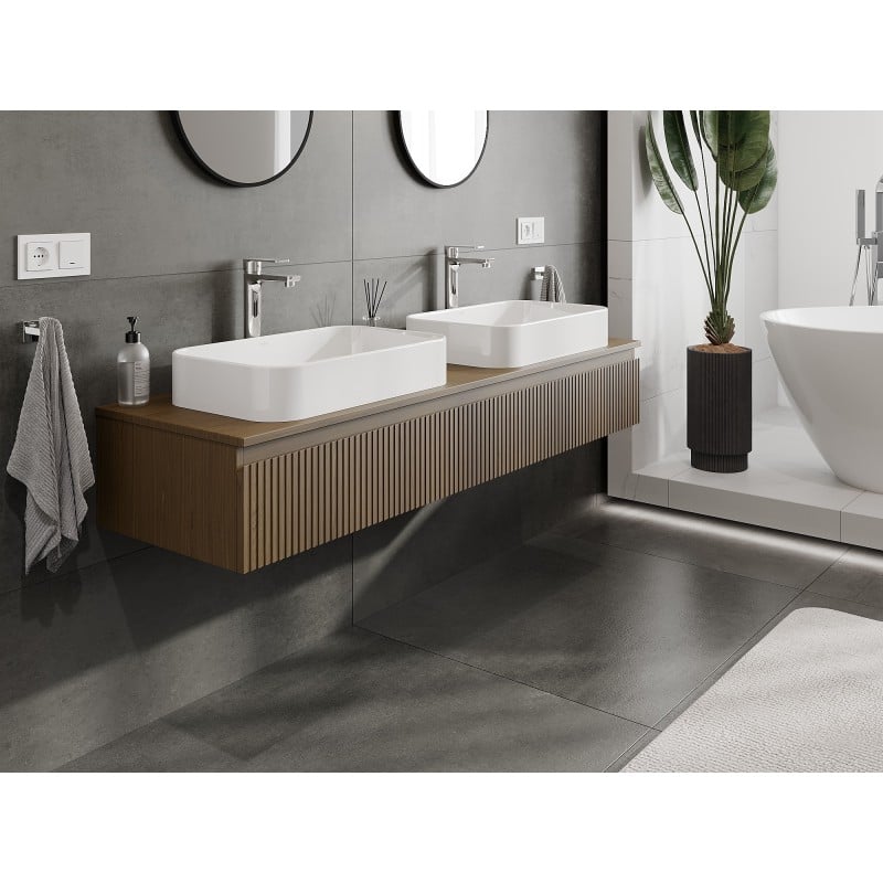 Mexen Rivel Badezimmerschrank unter Waschbecken 160 cm mit Arbeitsplatte, 1 Schublade, gerillt, Nussbaum - 91A20-16023-1-BFC86