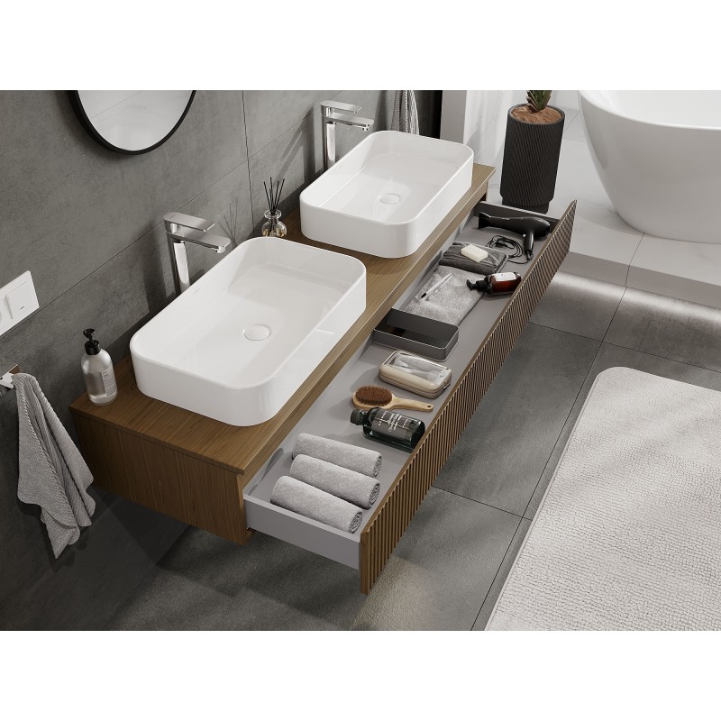 Mexen Rivel Badezimmerschrank unter Waschbecken 160 cm mit Arbeitsplatte, 1 Schublade, gerillt, Nussbaum - 91A20-16023-1-BFC86