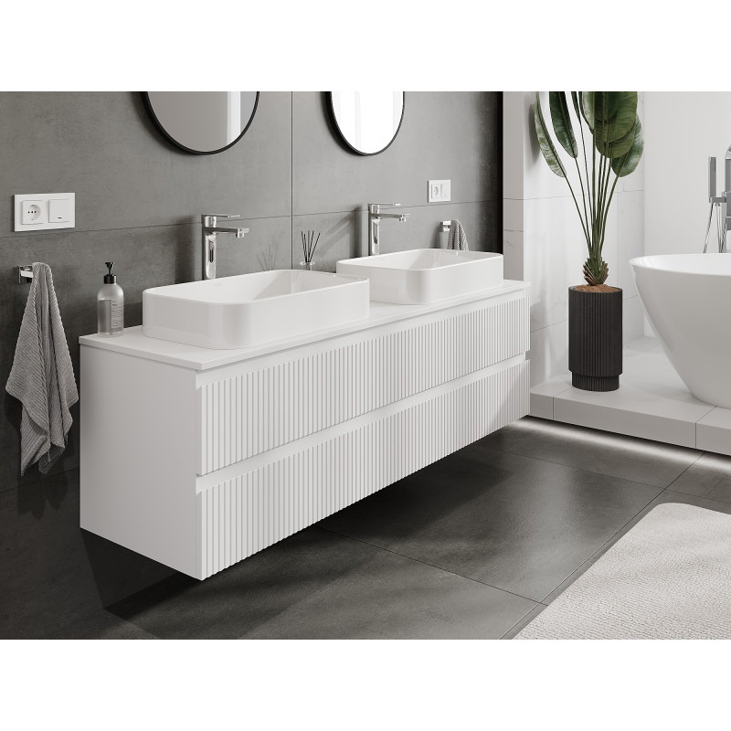 Mexen Rivel Badezimmerschrank unter Waschbecken 160 cm mit Arbeitsplatte, 2 Schubladen, geriffelt, weiß matt