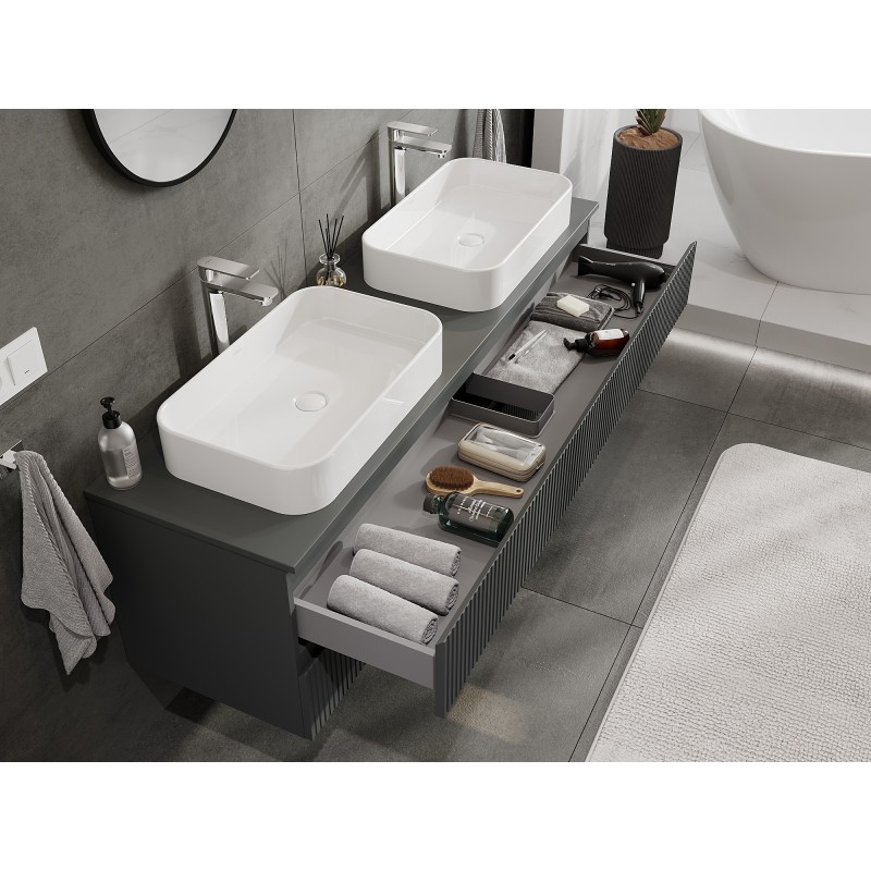 Mexen Rivel Badezimmerschrank 160 cm mit Waschbeckenplatte, 2 Schubladen, gerillt, Graphit matt - 91A20-16047-2-BFFC66