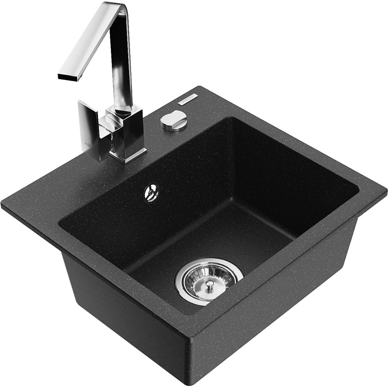 Mexen Milo Granitspüle 1-beckig mit Küchenarmatur Rita, schwarz/silberner Metallic - 6505-73-670300-00