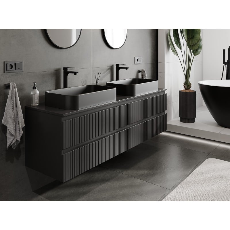 Mexen Rivel Badezimmerschrank 160 cm mit Arbeitsplatte, 2 Schubladen, gerillt, schwarz matt - 91A20-16047-2-BFFC71