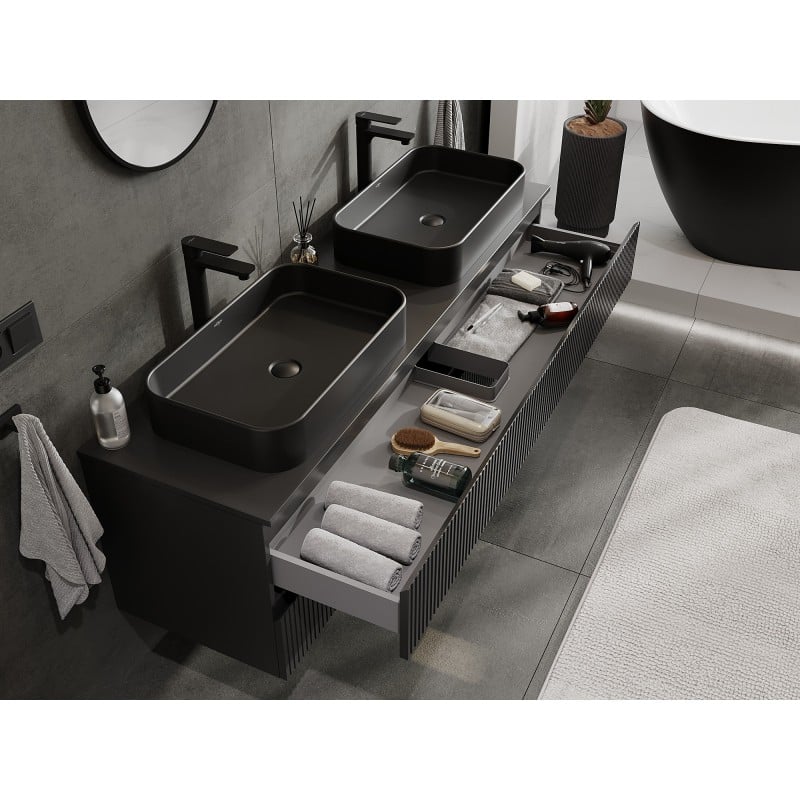 Mexen Rivel Badezimmerschrank 160 cm mit Arbeitsplatte, 2 Schubladen, gerillt, schwarz matt - 91A20-16047-2-BFFC71
