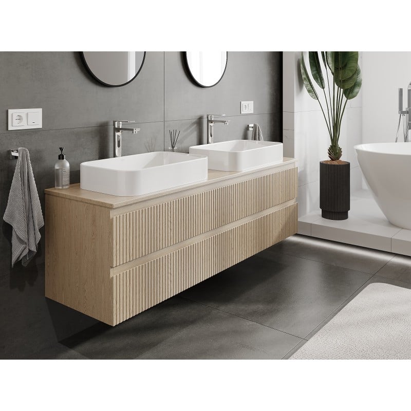 Mexen Rivel Waschtischunterschrank 160 cm mit Arbeitsplatte, 2 Schubladen, geriffelt, Eiche - 91A20-16047-2-BFFC81
