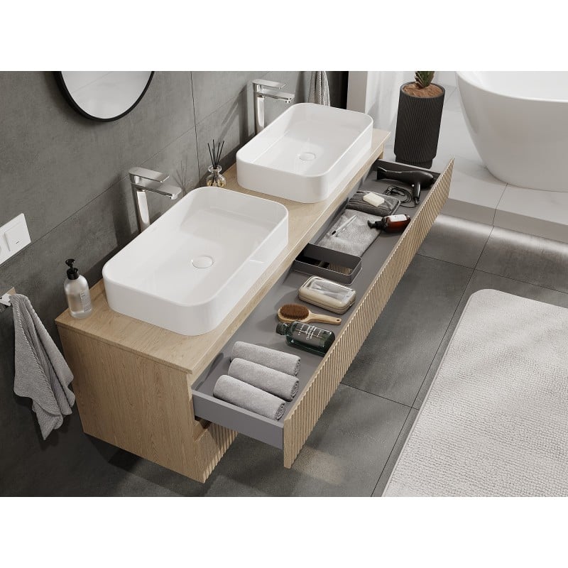 Mexen Rivel Waschtischunterschrank 160 cm mit Arbeitsplatte, 2 Schubladen, geriffelt, Eiche - 91A20-16047-2-BFFC81