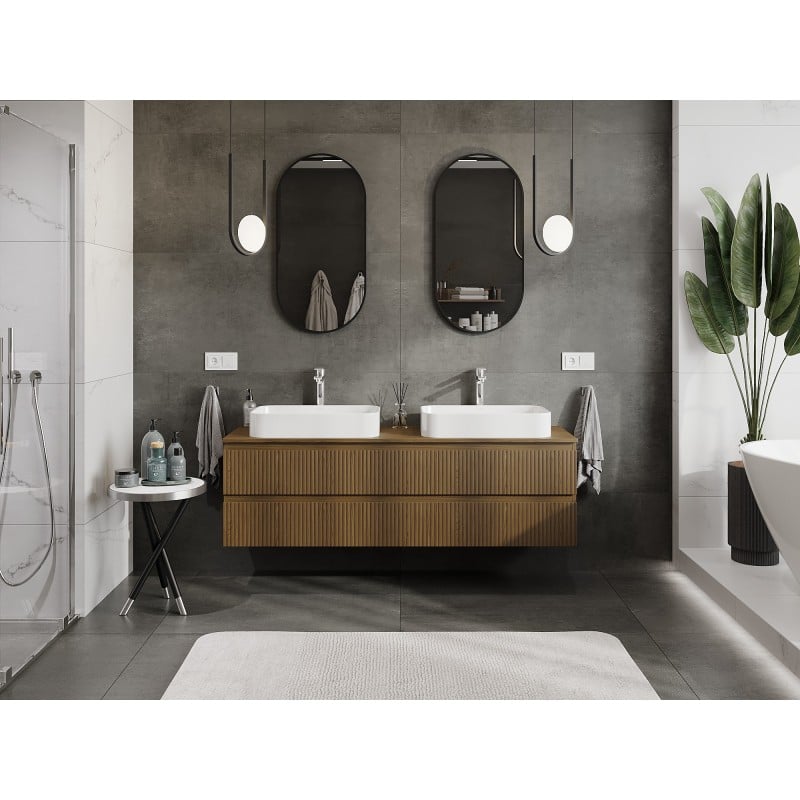 Mexen Rivel Badezimmerunterschrank 160 cm mit Platte, 2 Schubladen, geriffelt, Nuss - 91A20-16047-2-BFFC86